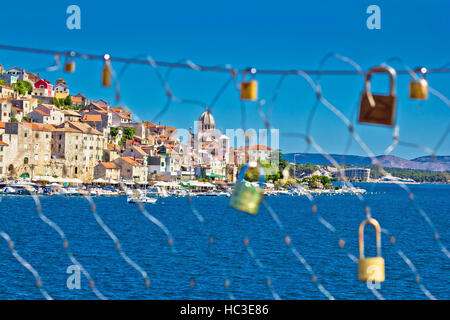 Love chain fence in town of Sibenik, Dalmatia, Croatia Stock Photo