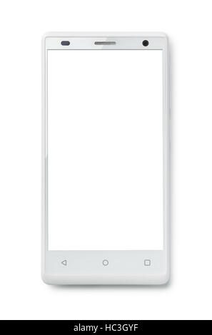 Top view of modern smartphone with blank screen isolated on white Stock Photo