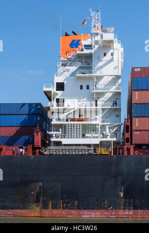 Tower on Container Ship as it heads out to sea Stock Photo