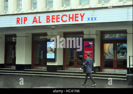 London, UK. 7th December, 2016. Hammersmith Apollo theatre gives tribute to Al Beechey who died recently. Al Beechey was a leader in the rigging and lifting industry. He was an important part of the Raise It Right Initiative (RiRi). RIP sign at Apollo Hammersmith. Credit:  JOHNNY ARMSTEAD/Alamy Live News Stock Photo