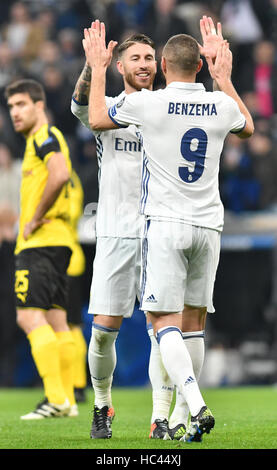 Madrid, Spain. 7th Dec, 2016. Karim Benzema (Real Madrid) celebrates scoring his second goal for 2-0 with Sergio Ramos (Real Madrid) during the UEFA Champions League match between Real Madrid and Borussia Dortmund played at Estadio Santiago Bernabeu, Madrid - FOTO : J.M.Colomo Credit:  Russell Price/Alamy Live News Stock Photo