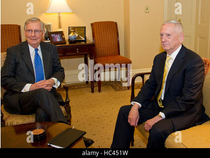 United States Senate Majority Leader Mitch McConnell (Republican of Kentucky), left, meets retired US Marine Corps General James N. 'Mad Dog' Mattis, US President-elect Donald J. Trump's selection to be US Secretary of Defense, right, in his office in the US Capitol in Washington, DC on Wednesday, December 7, 2016. Credit: Ron Sachs/CNP /MediaPunch Stock Photo