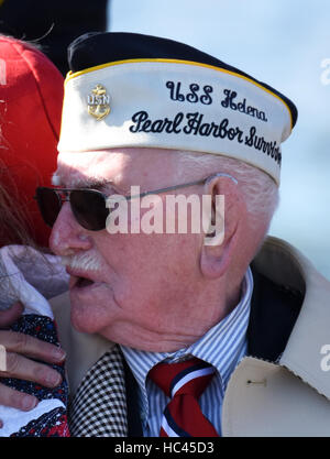 Washington, DC, USA. 7th Dec, 2016. A Pearl Harbor survivor veteran is seen during the 75th anniversary commemoration of Pearl Harbor attack, at the National World War II Memorial in Washington, DC, the United States, Dec. 7, 2016. Credit:  Yin Bogu/Xinhua/Alamy Live News Stock Photo