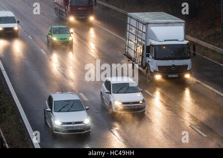 Torrential Rain, M6 Preston, 8th Dec 2016: UK WEATHER.  After a night of torrential downpours over the north west of England, early start commuters on their way to work faced very difficult driving conditions this morning.  Unseasonably warm temperatures of 15˚C yesterday have unfortunately brought a sustained period of rain causing some localised flooding.  Credit:  Cernan Elias/Alamy Live News Stock Photo