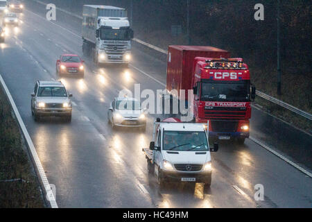 Torrential Rain, M6 Preston, 8th Dec 2016: UK WEATHER.  After a night of torrential downpours over the north west of England, early start commuters on their way to work faced very difficult driving conditions this morning.  Unseasonably warm temperatures of 15˚C yesterday have unfortunately brought a sustained period of rain causing some localised flooding.  Credit:  Cernan Elias/Alamy Live News Stock Photo