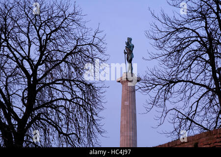 View of he Pobednik monument or the Statue of Victor by Ivan Mestrovic set up in 1928 to commemorate Serbia's victory over Ottoman and Austro-Hungarian Empire during the Balkan Wars and the First World War located in the Kalemegdan park in the city of Belgrade capital of the Republic of Serbia Stock Photo