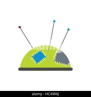 Green pincushion with pins flat icon Stock Vector