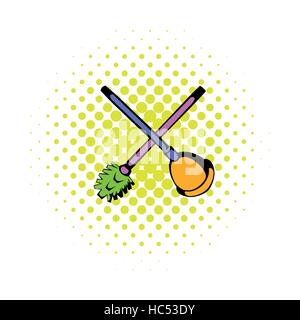 Toilet plunger and brush icon, comics style Stock Vector