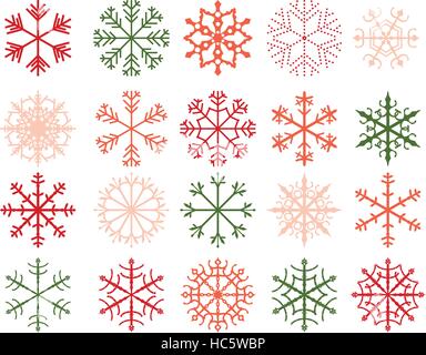 Winter snowflake designs, abstract geometric shapes in green, red and pink colors Stock Vector