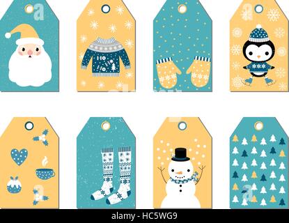 Set of Christmas gift tags with Santa, sweater, stockings, mittens, penguin Stock Vector