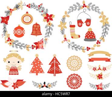 Christmas set with design elements in red, gold and black colors - flower wreaths, floral laurels, mittens, hat, stocking Stock Vector