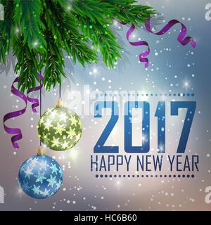 A fir-tree branch on it is violet a blue background, with the shining stars. Christmas and New Year greeting card. Vector illustration Stock Vector