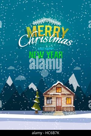 Christmas and New Year greeting card. Sweet family home among mountains. A winter banner in flat style. Rent of the home. Vector illustration Stock Vector