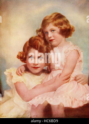 Princess Elizabeth, future Queen Elizabeth II, left, and Princess Margaret, right.   Princess Elizabeth, future Elizabeth II, 1926 - 2022. Queen of the United Kingdom, Canada, Australia and New Zealand. Princess Margaret, Margaret Rose, 1930 – 2002, aka Princess Margaret Rose.  Younger daughter of King George VI and Queen Elizabeth. From Their Gracious Majesties King George VI and Queen Elizabeth, published 1937. Stock Photo