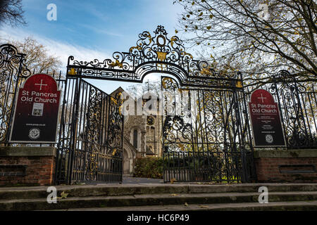 St Pancras Old Church entrance to church and historic graveyard. Stock Photo