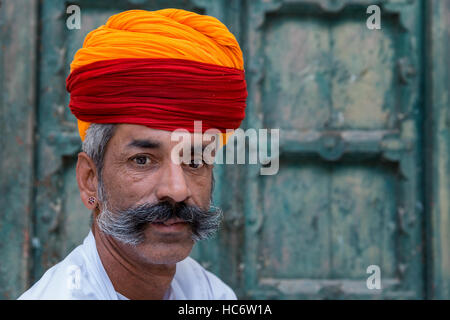 Portrait of Rajasthani man dressed in traditional clothes, Jodhpur, Rajasthan, India Stock Photo