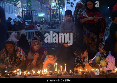 Lahore, Pakistan. 07th Dec, 2016. Pakistani Muslim devotees gathered to attend the 393rd death anniversary of the saint Mir Mohammed Muayyinul Islam popularly known as Sain Mian Mir. The saint was equally popular among the Muslim and Sikh religions, as Mian Mir went to Amritsar in December 1588 to lay the foundation stone of Sikhs holiest site, the Golden Temple, which is commonly known as Sri Harminder Sahib. Credit:  Rana Sajid Hussain/Pacific Press/Alamy Live News Stock Photo