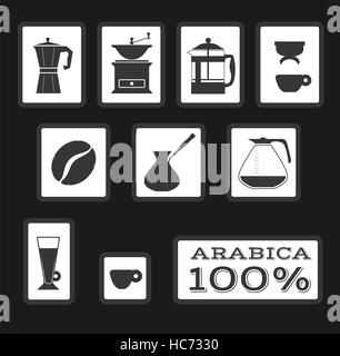 Set of coffee signs and icons for packaging. Vector. Isolated illustration. Filter, french press, moka, coffee grinder, coffee bean, latte, arabica es Stock Vector