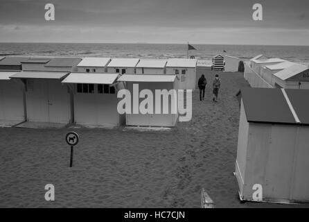 Beach huts on the rainy North Sea coast, Blankenberge, Belgium Stock Photo
