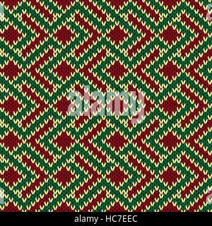 Knitted background in red, green and beige colors, seamless knitting vector pattern as a fabric texture Stock Vector
