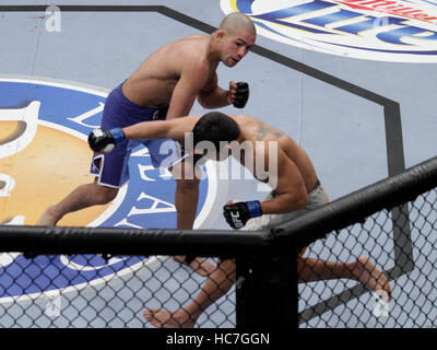 Diego Brandao, left, fights Dennis Bermudez at The Ultimate Fighter 14 Finale at the Palms in Las Vegas, Nevada on Saturday, December 3, 2011. Photo by Francis Specker Stock Photo