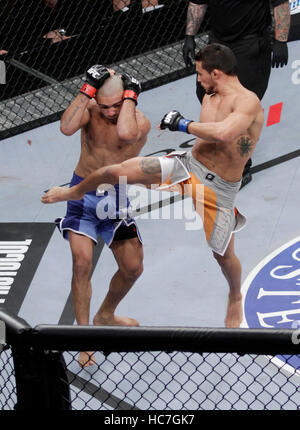 Diego Brandao, left, fights Dennis Bermudez at The Ultimate Fighter 14 Finale at the Palms in Las Vegas, Nevada on Saturday, December 3, 2011. Photo by Francis Specker Stock Photo