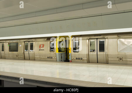 NEW YORK CITY - MAY 2, 2016: Path train on platform at the New York World Train Center station. The Port Authority Trans-Hudson trains  run 24 hours a Stock Photo