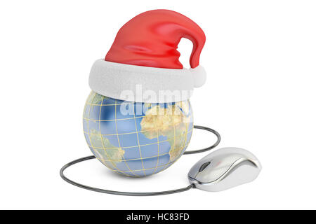 Global Christmas online shopping concept, Earth with santa hat and computer mouse. 3D rendering isolated on white background Stock Photo