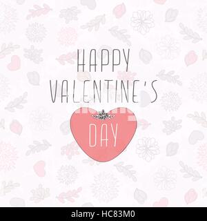 Valentine's Card With Seamless Cute Pattern With Hearts, Flowers And Leaves Stock Vector