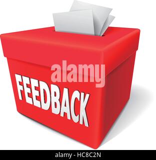 feedback box words on the red box for collecting employee or customer ideas, thoughts, comments, reviews, ratings, suggestions or other communication  Stock Vector