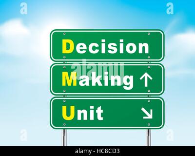 3d road sign with decision making unit isolated on blue background Stock Vector