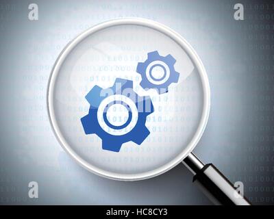 magnifying glass with gears icon for advertising concept Stock Vector