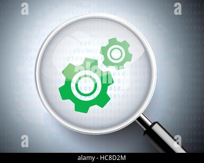 magnifying glass with gears icon for advertising concept Stock Vector