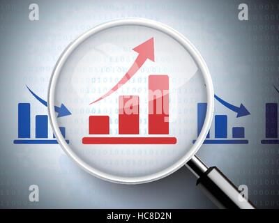 magnifying glass with graph icons on digital background Stock Vector