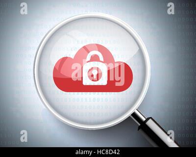 magnifying glass with padlock on cloud icons over digital background Stock Vector