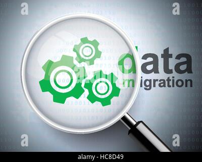 magnifying glass with gears icon for advertising concept Stock Vector