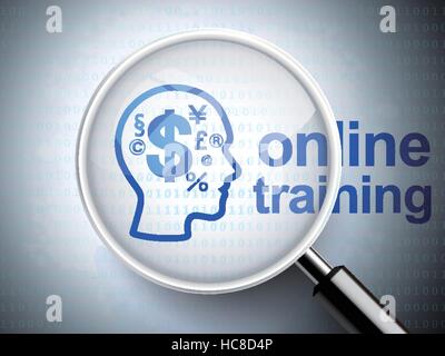 magnifying optical glass with finance symbol icon on head and online training word over digital background Stock Vector