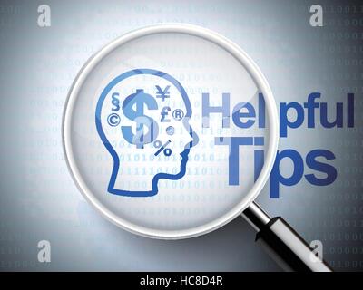 magnifying optical glass with finance symbol icon on head and helpful tips word over digital background Stock Vector