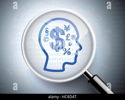 magnifying optical glass with finance symbol icon on head over digital background Stock Vector