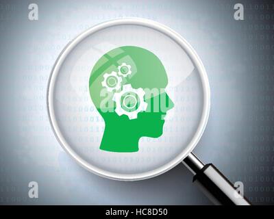 magnifying glass with gears on head icons over digital background Stock Vector