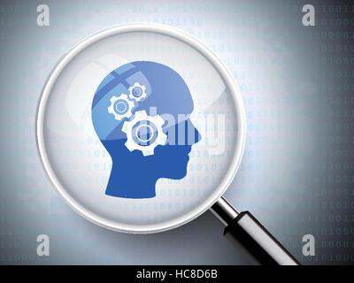 magnifying glass with gears on head icons over digital background Stock Vector