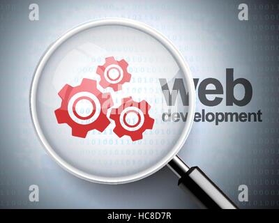 magnifying glass with gears icon and web development words on digital background Stock Vector