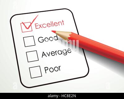 tick placed in excellent check box with red pen over check list Stock Vector