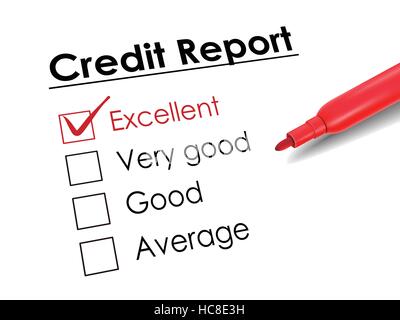 tick placed in excellent check box with red pen over credit report Stock Vector