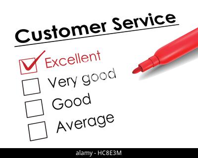 tick placed in excellent check box with red pen over customer service questionnaire Stock Vector