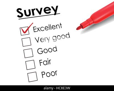 tick placed in excellent check box with red pen over survey paper Stock Vector