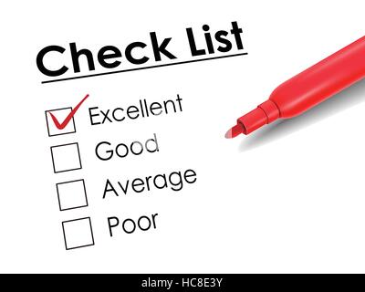 tick placed in excellent check box with red pen over check list Stock Vector