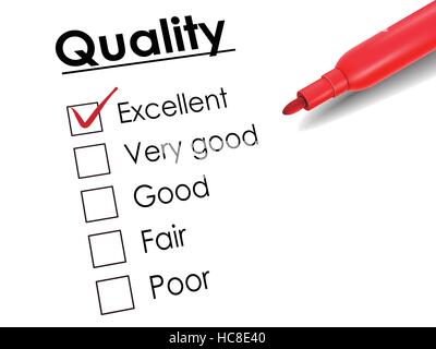 tick placed in excellent check box with red pen over quality survey Stock Vector