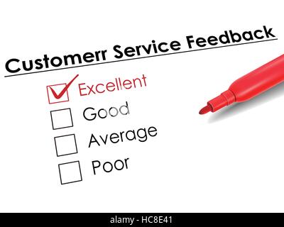 tick placed in excellent check box with red pen over customer service feedback Stock Vector