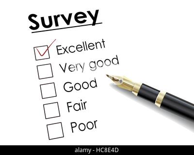 tick placed in excellent check box with fountain pen over survey paper Stock Vector